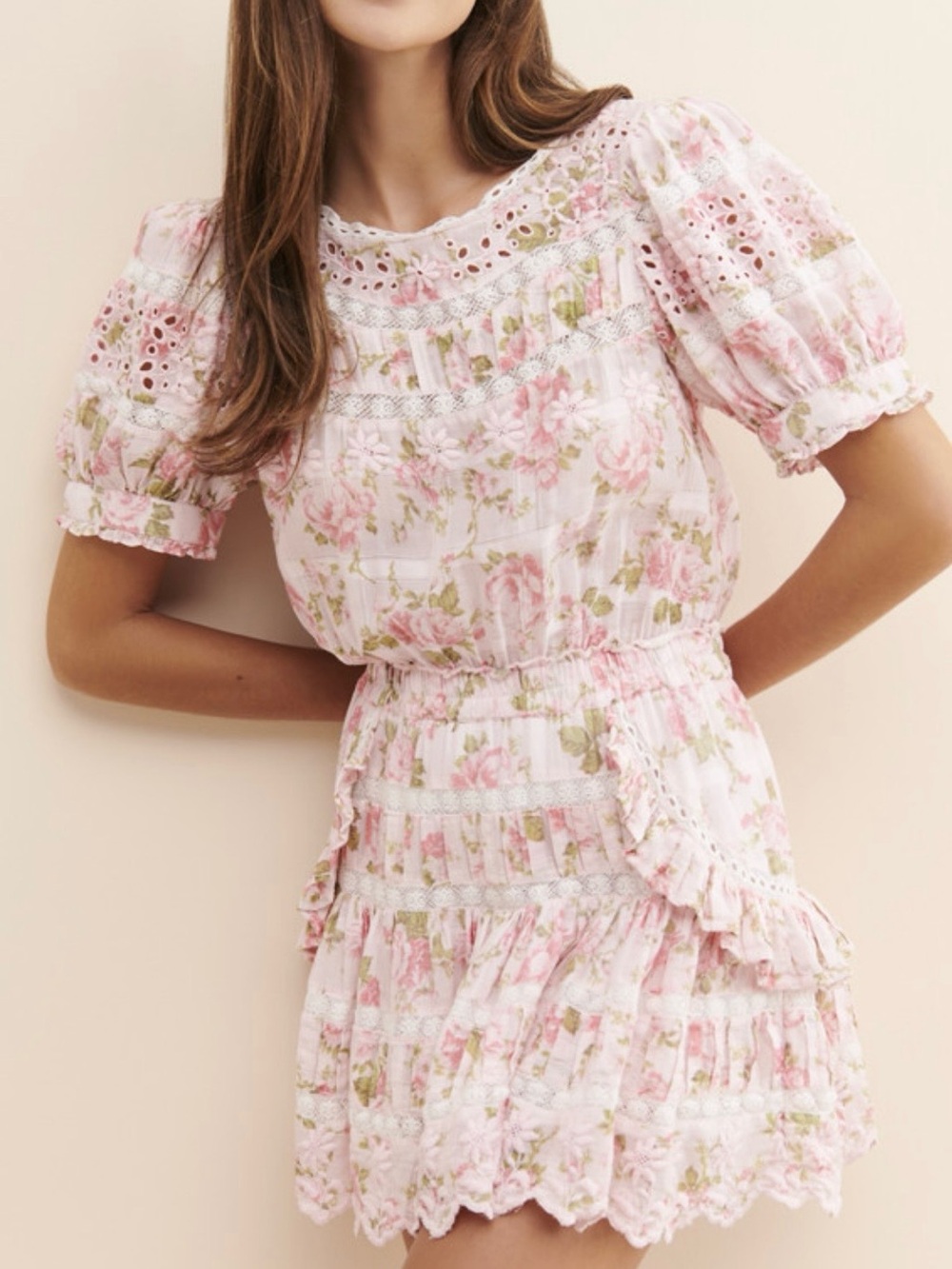 LoveShackFancy Pink Floral Eyelet Mini Dress
